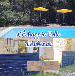 una señal frente a una piscina con sombrilla en 2 pièces "Le Brin de soleil" Gites appart 'hôtel L'ECHAPPEE BELLE D'AUBENAS Logement 1 sur 3, en Aubenas