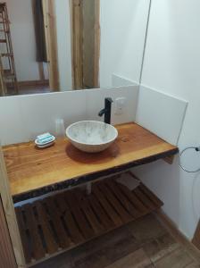 a sink on a wooden counter in a bathroom at Riberas del Azul in Lago Puelo +61 photos