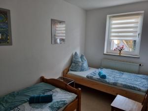 1 dormitorio con 2 camas y ventana en Ferienwohnung Donauidylle en Lauingen