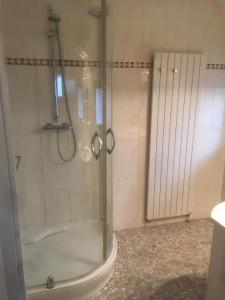 La salle de bains est pourvue d'une douche avec une porte en verre. dans l'établissement Vakantiehuis Villa 56, à Heel
