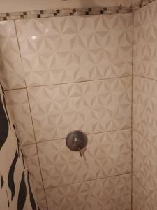 una ducha de azulejos con mango plateado en N7 7 Habitación con Baño Privado y Kitchenette, en Montevideo