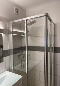 a glass shower in a bathroom with a sink at Apartment Wien Mitte in Vienna