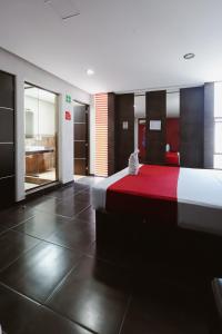 Santa Cruz XoxocotlánにあるAuto Hotel Las Maravillasのベッドルーム1室(赤毛布付きの大型ベッド1台付)