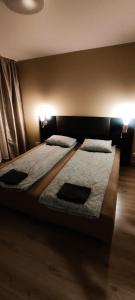 2 letti in una camera da letto con luci sul muro di Apartamentai Žaliojoje gatvėje a Telšiai