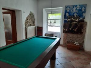 a pool table in a room with a wall with portraits at Landhaus Just in Maria Elend