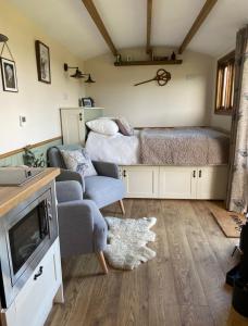 ein Wohnzimmer mit einem Sofa und einem Bett in der Unterkunft Silver Fern Glamping in Aberystwyth