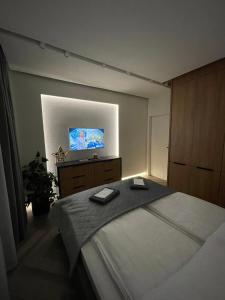 ein Schlafzimmer mit einem großen Bett und einem Flachbild-TV in der Unterkunft Luxury by The Lake Ap 25 in Sibiu