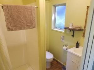 a bathroom with a toilet and a sink and a window at Motels by the Moeraki Boulders Holiday Park in Hampden