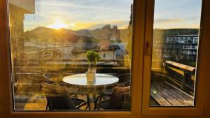 una vista da una finestra di un tavolo con una pianta di Alpenjuwel a Scheidegg
