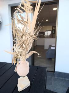 wazon wypełniony gałęziami na stole w obiekcie Apartments Ana w mieście Lastovo