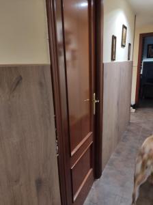 un chien se tient à côté d'une porte en bois dans l'établissement Calle la cadena 23 varea, Logroño, à Logroño