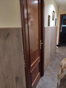 a dog is standing next to a wooden door at Calle la cadena 23 varea, Logroño in Logroño