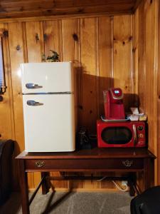 a refrigerator and a microwave on top of a table at Eagle Nest Fly Shack & Lodge in Eagle Nest