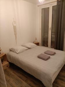 um quarto com uma cama grande com duas almofadas em Appartement très spacieux en plein cœur d'agen em Agen