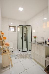 a bathroom with a shower and a sink and a toilet at Le Palmiste lovely 2-bedroom duplex with pool in Grand Gaube