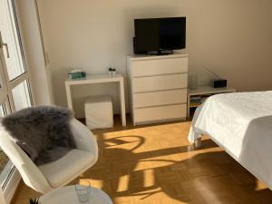 um quarto com uma cama e uma cadeira e uma televisão em Ferienwohnung-Ludwigsburg-City em Ludwigsburg