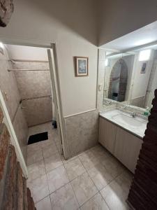 y baño con ducha, lavabo y espejo. en Apartamento Nuevo Centro en Córdoba