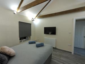 a bedroom with a bed and a flat screen tv at Queens Holiday Apartment in Pembroke Dock