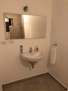 een witte wastafel in een badkamer met een spiegel bij Downtown apartments in Kralendijk
