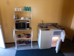 eine kleine Küche mit einer Spüle und einer Mikrowelle in der Unterkunft Viking Motel in Wilmington