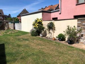 a yard with potted plants next to a house at Zufluchtshütte in Herzogenrath