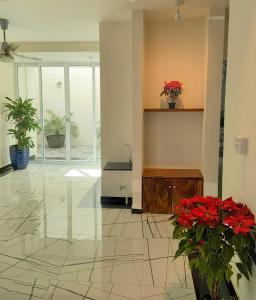 a lobby with red flowers in a building at Habitaciones Amubladas Logos II in Veracruz