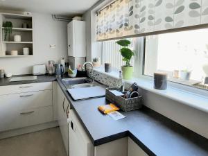 a kitchen with a counter with a sink and a window at Driftwood Cottage in Gorleston-on-Sea
