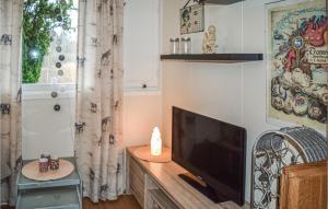 ein Wohnzimmer mit einem Flachbild-TV auf einem Holztisch in der Unterkunft Lovely Home In Vler I stfold With Jacuzzi 