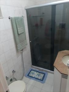 y baño con ducha, aseo y lavamanos. en Catete 247, en Río de Janeiro