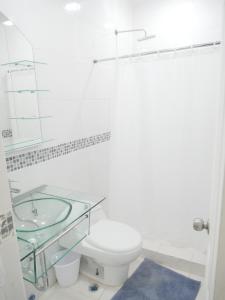a bathroom with a toilet and a glass sink at HOSTAL IBRAIS in Panama City