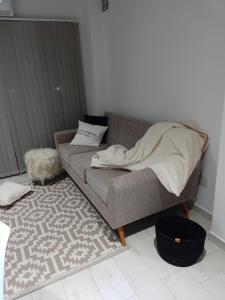 um sofá com um cobertor na sala de estar em Magnolias em Ranelagh