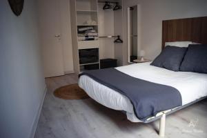 - une chambre avec un grand lit et une couverture bleue dans l'établissement NEW- Hyper-centre, proche commerces, à Pau