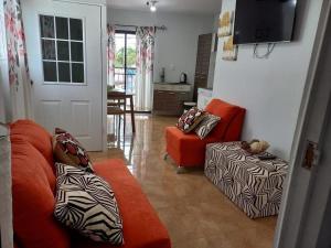 ein Wohnzimmer mit zwei orangenen Sofas und einem TV in der Unterkunft Hostal Jasmin in Berlín
