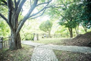 un árbol y un camino de piedra en un parque en Book & Guesthouse Hitotomaru, en Toyooka