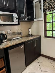uma cozinha com armários pretos, um lavatório e um micro-ondas em FernIvy Guest House em Pretoria