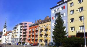 a group of buildings on a city street with a tree at Panorama in Brno