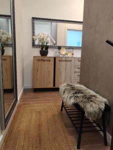 Habitación con espejo, taburete y espejo. en Apartment Novi Park Bulatovic, en Vrdnik