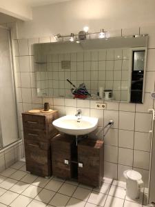 een badkamer met een wastafel en een spiegel bij East-Village-No 5 Bremen-Sonnenanker in Bremen