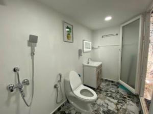 a bathroom with a white toilet and a sink at Sand and Wood premium cottage palolem beach in Canacona