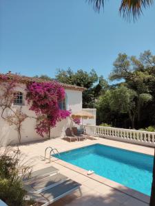 una piscina frente a una casa con flores púrpuras en Domaine l'Oiseau Bleu, en Sainte-Maxime