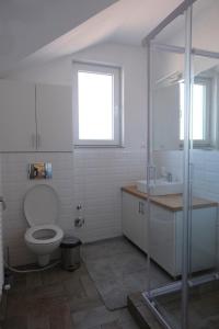 a bathroom with a toilet and a sink and a window at Solomon Apartments Room nr 5 in Sângeorgiu de Mureș