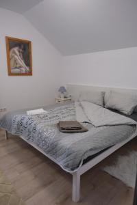 Bett in einem weißen Zimmer mit einem Bild an der Wand in der Unterkunft Solomon Apartments Room nr 5 in Sîngeorgiu de Mureş