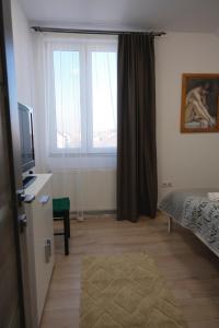 Schlafzimmer mit einem Bett, einem TV und einem Fenster in der Unterkunft Solomon Apartments Room nr 5 in Sîngeorgiu de Mureş