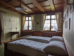 1 dormitorio con 1 cama grande y 2 ventanas en Schloessli Herrenhof, 