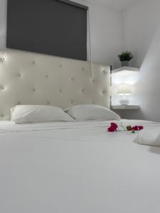 Un dormitorio blanco con una gran cama blanca con flores. en Apartamentos Elena, en Lajares