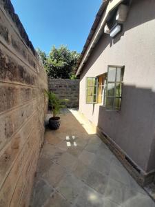 einen Innenhof eines Hauses mit einer Wand und einer Pflanze in der Unterkunft Sparkle Residency in Nairobi