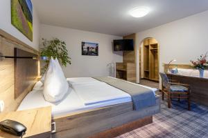 a hotel room with a bed and a desk at Hotel Zur Aussicht in Hohnstein