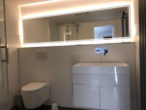 a bathroom with a sink and a mirror and a toilet at Apartment Hildesheim in Hildesheim