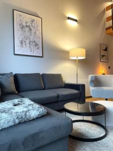 a living room with a blue couch and a table at Friends and Family Sankt Andreasberg in Sankt Andreasberg