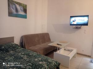 a small living room with a couch and a tv at Maisonnette A Santa Ghjulia entre Mer & Montagne in Volpajola